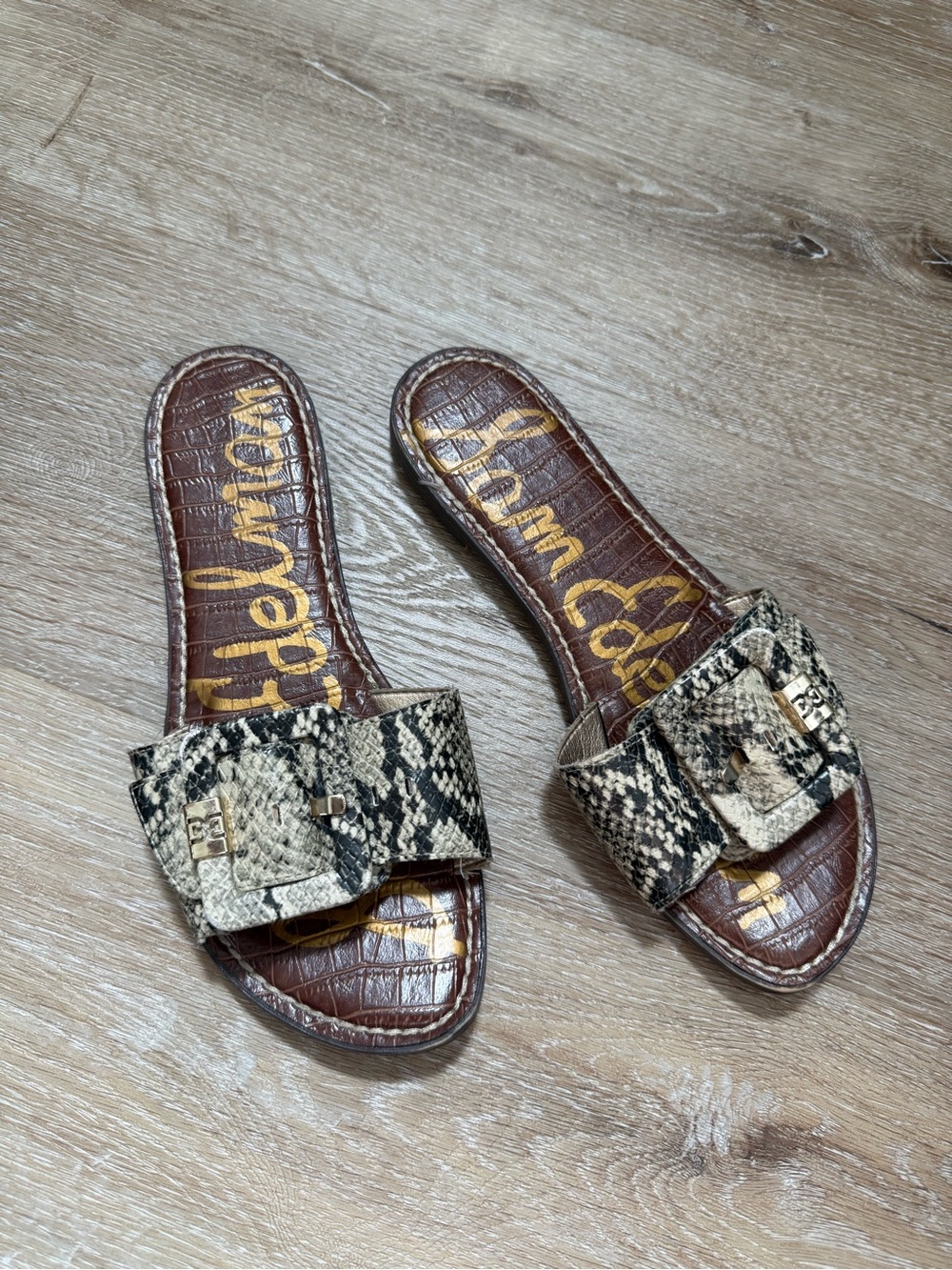 Sam Edelman Snake-Print Slide Sandals in Beige and Black